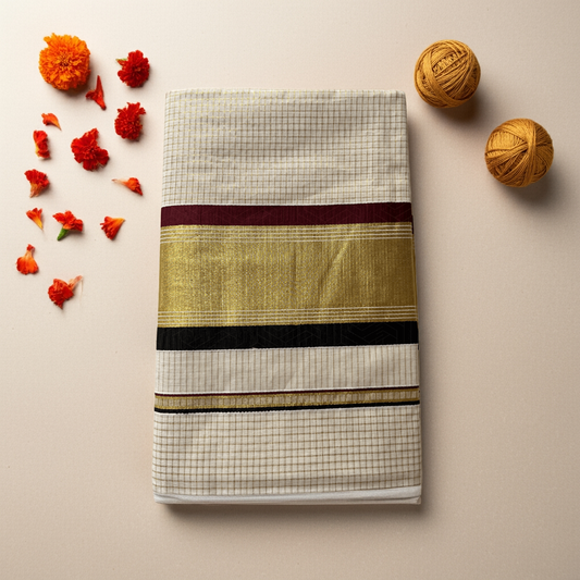 Balaramapuram Kasavu Saree – Checked Tissue Cotton with Golden Border & Maroon-Black Stripes (with Blouse Piece)
