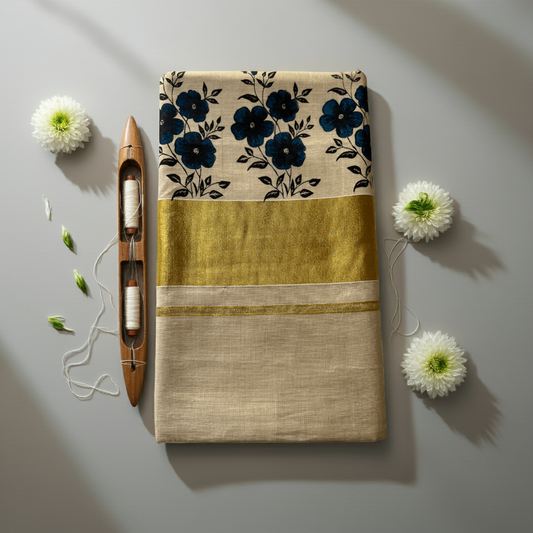House of Jashnn Premium Balaramapuram Kasavu Saree – Golden Border with Blue Floral Motifs (with Blouse Piece)