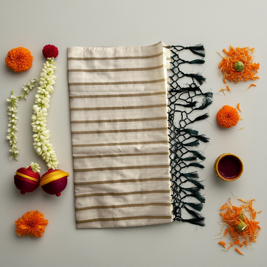 Balaramapuram Kasavu Cotton Saree – Golden Stripes with Green Tassel Pallu (with Blouse Piece)