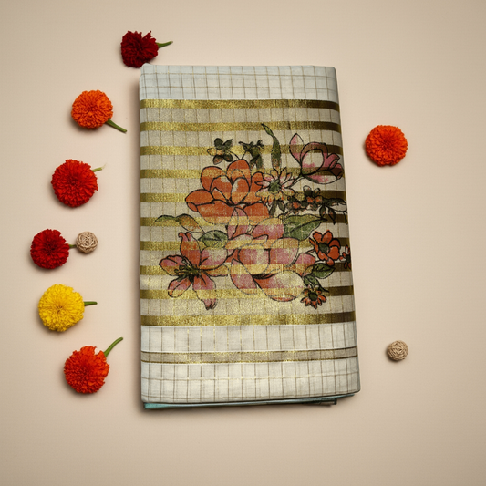 Balaramapuram Kasavu Saree – Checked Tissue Cotton with Multicolor Floral Print (with Blouse Piece)