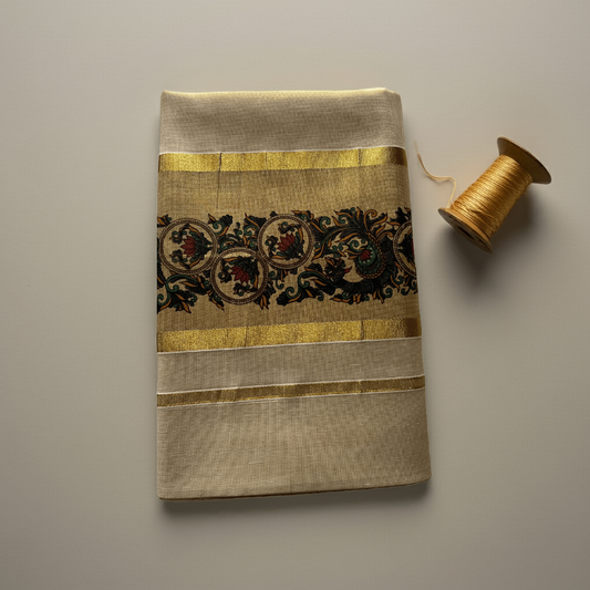 Balaramapuram Kasavu Tissue Cotton Saree – Golden Border with Ornate Floral Motifs