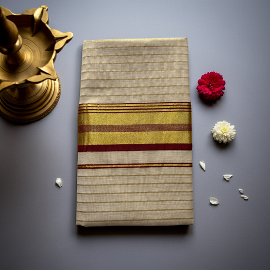 Balaramapuram Kasavu Tissue Cotton Saree – Golden Border with Maroon Stripes