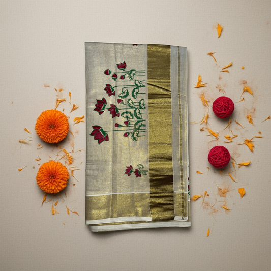 Handloom Onam Set Saree – Kerala Kasavu with Lotus Print