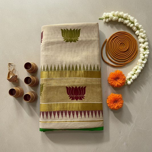 Balaramapuram Kasavu Saree – Golden Border with Maroon & Green Lotus Motifs (with Blouse Piece)