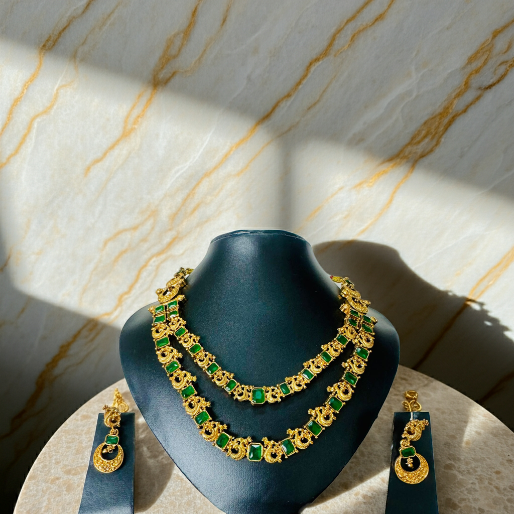 Matte Finish double layered Emerald necklace set