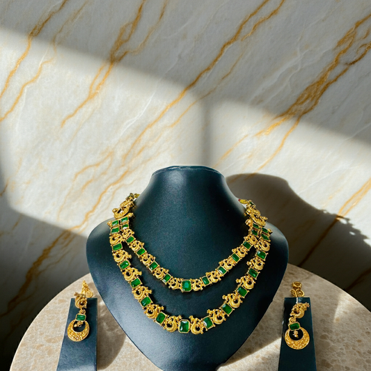 Matte Finish double layered Emerald necklace set