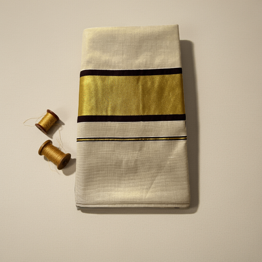 Balaramapuram Kasavu Saree – Golden Tissue Border with Coffee Brown Accents (with Blouse Piece)