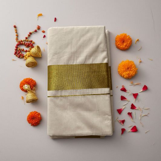 Classic Balaramapuram Kasavu Saree – Pure Cotton Kasavu Saree with Golden Border (with Blouse Piece)