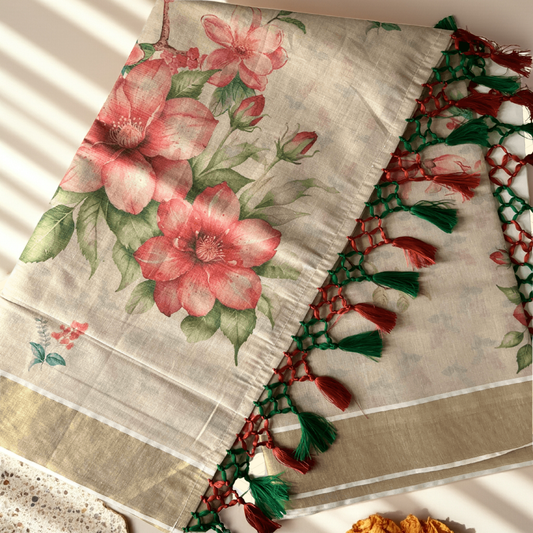 Premium Balaramapuram Kasavu Saree – Golden Border with Designer Floral Print & Tassel Pallu (with Blouse Piece)