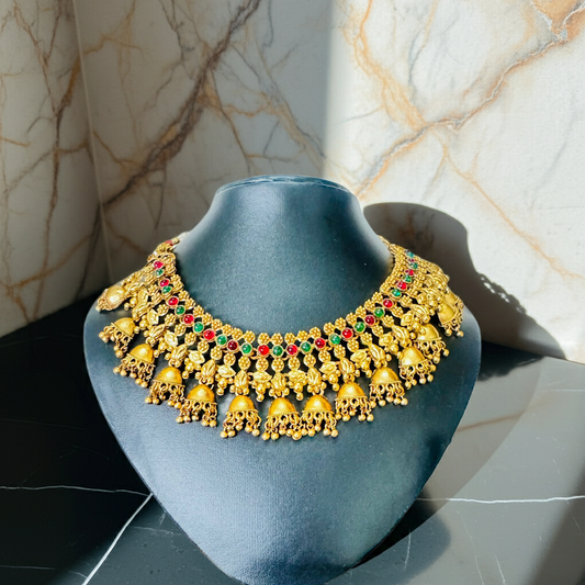 Vintage  Antique Temple Jewellery Necklace with Vibrant Rubies and Emeralds